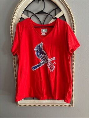 Majestic Red V-Neck T-Shirt with Cardinal Bat Graphic NWOT 2XL
